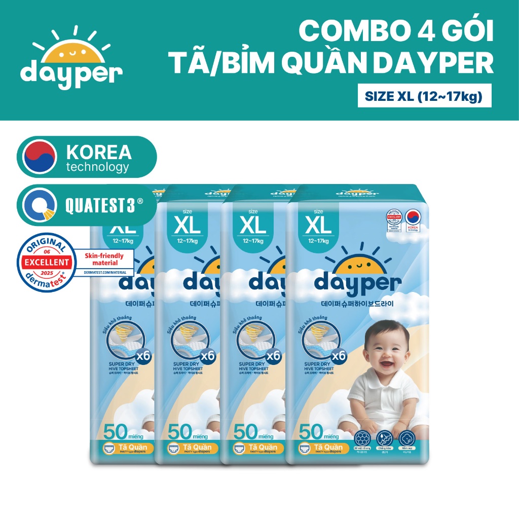Combo 4 gói tã/bỉm quần Dayper S60/M58/L52/XL50/XXL46-Super Hive Dry thấm hút gấp 6 lần