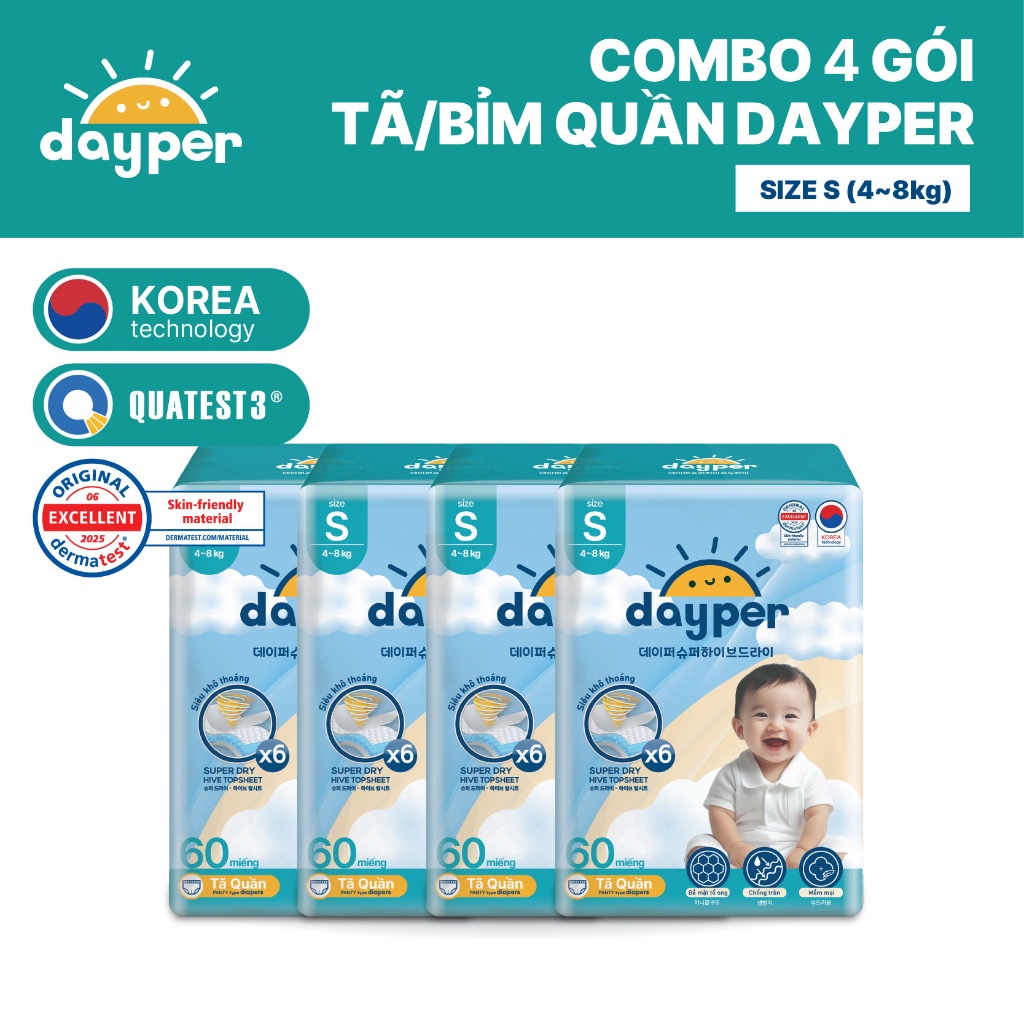 Combo 4 gói tã/bỉm quần Dayper S60/M58/L52/XL50/XXL46-Super Hive Dry thấm hút gấp 6 lần