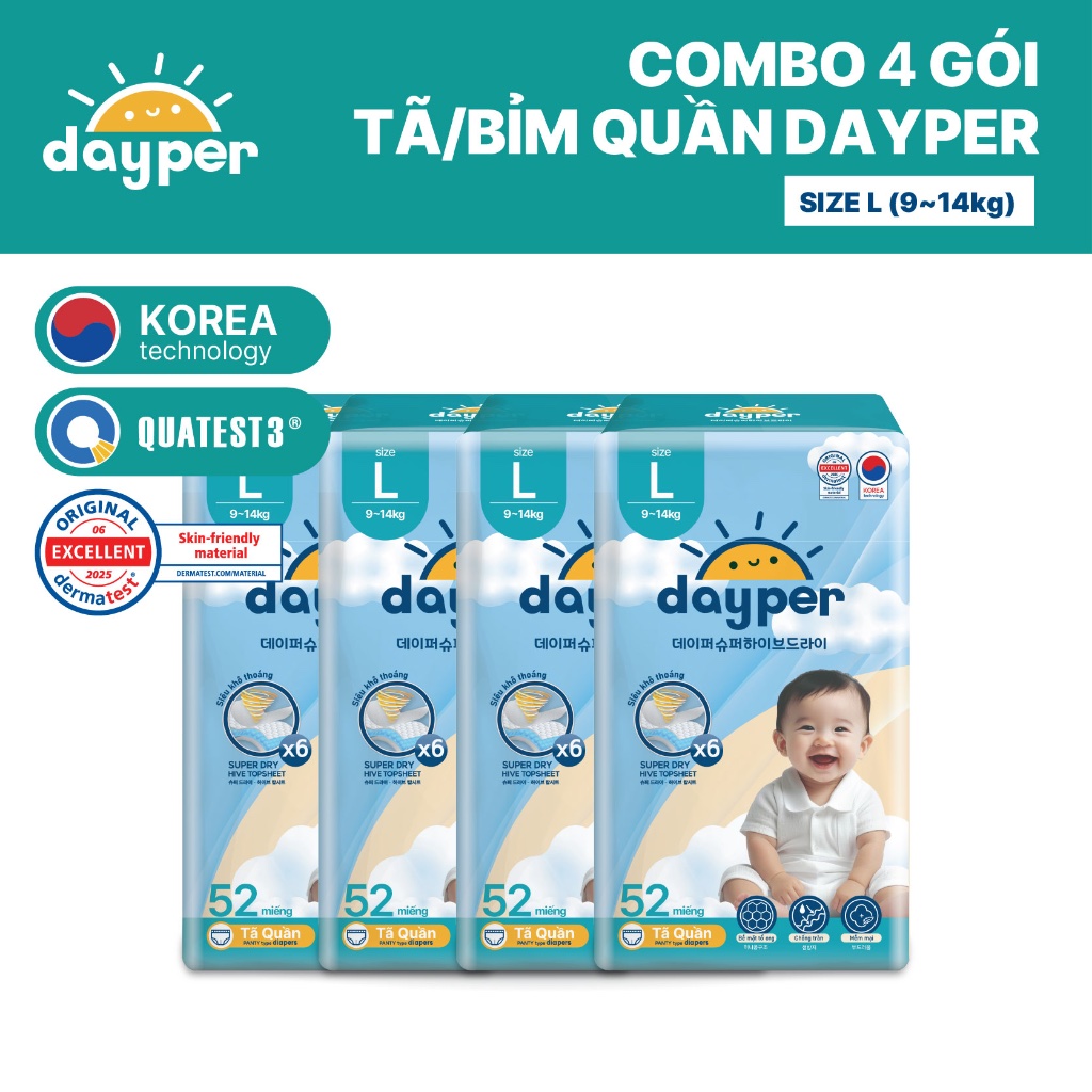Combo 4 gói tã/bỉm quần Dayper S60/M58/L52/XL50/XXL46-Super Hive Dry thấm hút gấp 6 lần