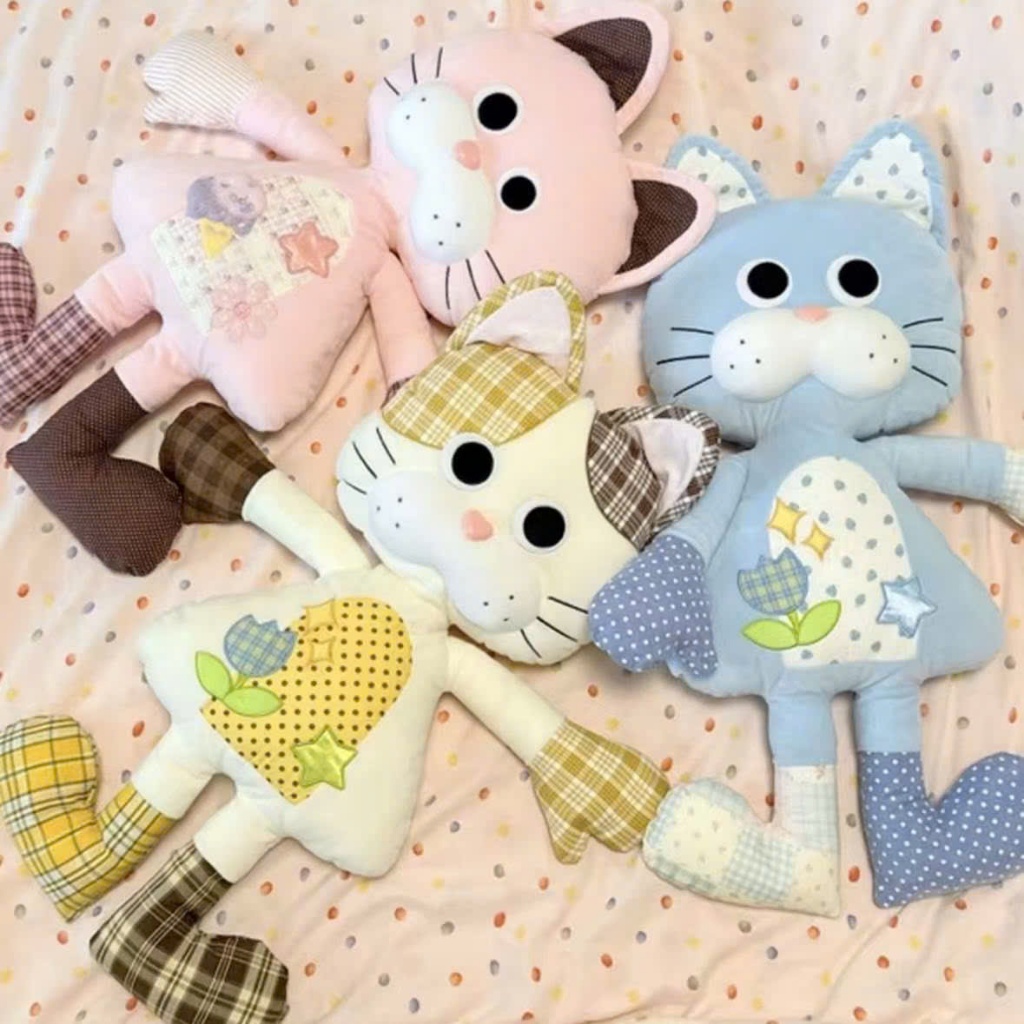 Gấu Bông Mèo Vải Hoạt Hình Siêu Đáng Yêu, Mèo Bông Ôm Ngủ Vải Chắp Vá Hoạt Tiết Độc Đáo Quà Tặng Cho Bé,Bạn Gái