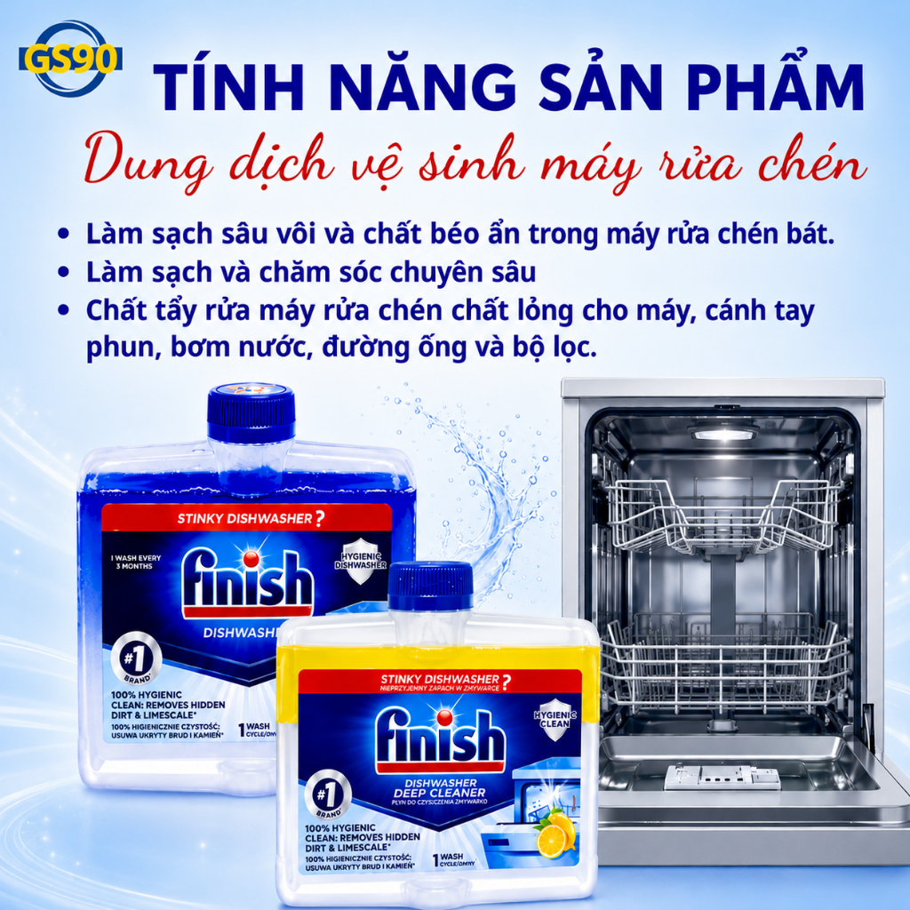 [TẶNG BÌNH GIỮ NHIỆT] Dung Dịch Vệ Sinh Máy Rửa Bát Finish Chai 250ml Làm Sạch Sâu Cặn Mỡ Và Mảng Bám Khử Mùi Hiệu Quả