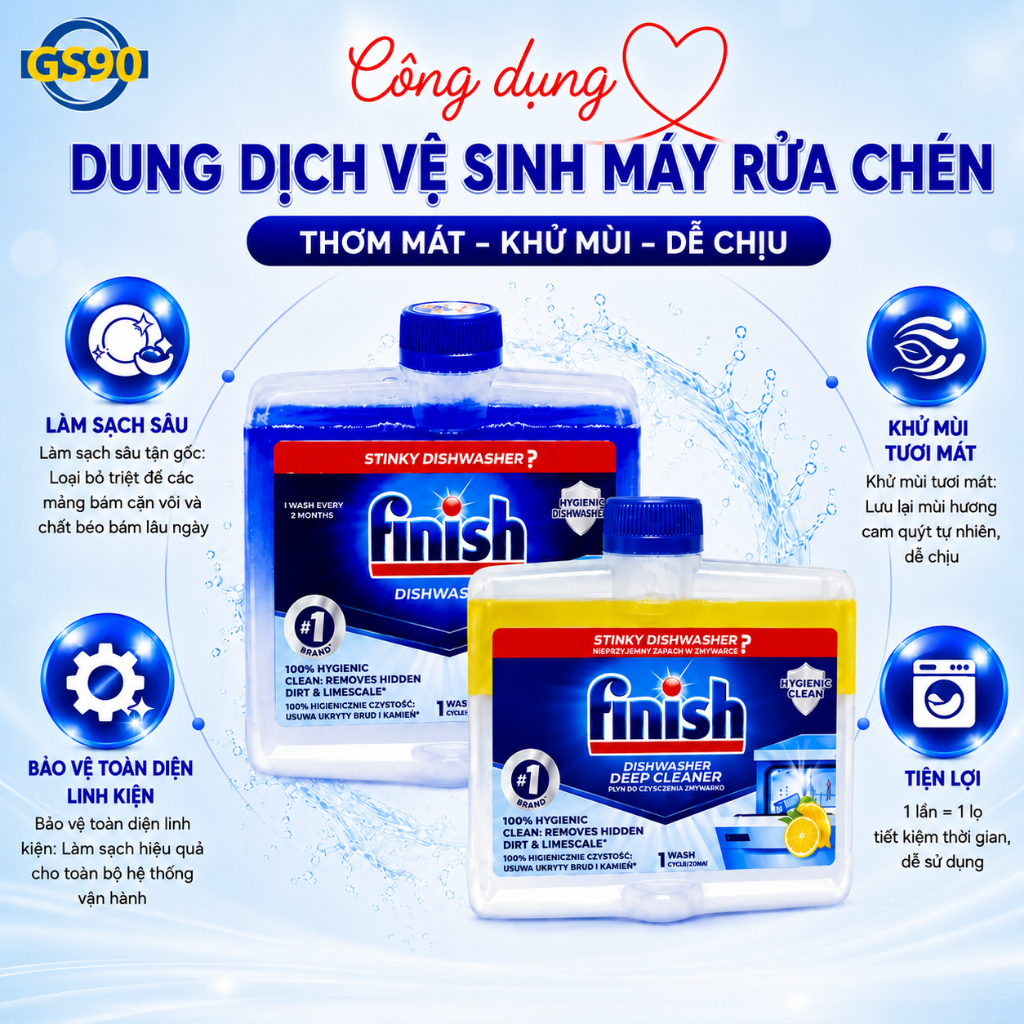 [TẶNG BÌNH GIỮ NHIỆT] Dung Dịch Vệ Sinh Máy Rửa Bát Finish Chai 250ml Làm Sạch Sâu Cặn Mỡ Và Mảng Bám Khử Mùi Hiệu Quả