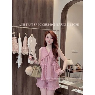 Set áo kiểu nữ dáng babydoll sát nách phối bèo kèm quần đũi thô form 45-60kg