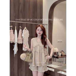 Set áo kiểu nữ dáng babydoll sát nách phối bèo kèm quần đũi thô form 45-60kg
