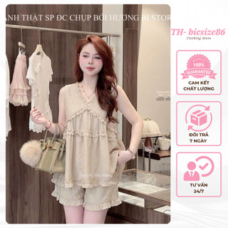Set áo kiểu nữ dáng babydoll sát nách phối bèo kèm quần đũi thô form 45-60kg