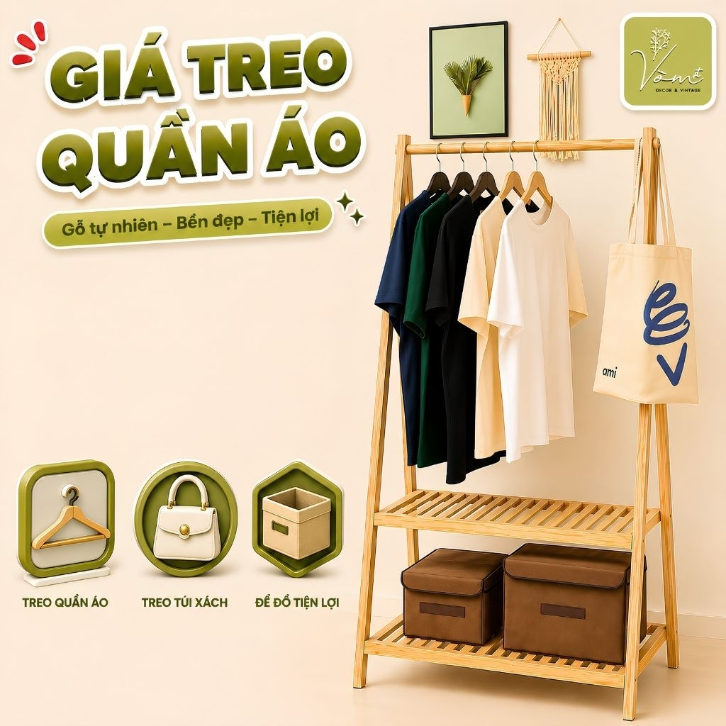 Vòm Decor – Kệ Treo Quần Áo Chữ A Gỗ Thông Mỹ Cao Cấp | Có Tầng Để Túi & Giày, Decor Shop – Mã AT12-1