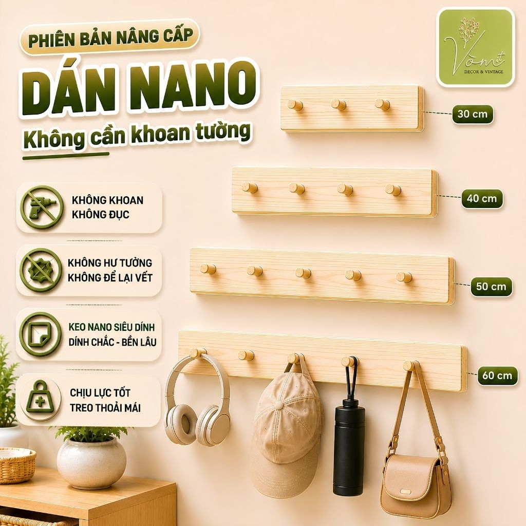 Móc Gỗ Dán Tường Keo 2 Mặt Nano Không Khoan Đục Vòm Decor – Treo Quần Áo, Túi Xách, Mũ Nón, Phụ Kiện – Gỗ Thông Tự Nhiên