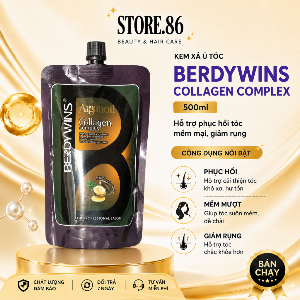 Kem Ủ Tóc BERDYWINS Collagen Complex 500ml | Dưỡng Ẩm Tóc Khô Xơ, Mềm Mượt Chuẩn Salon