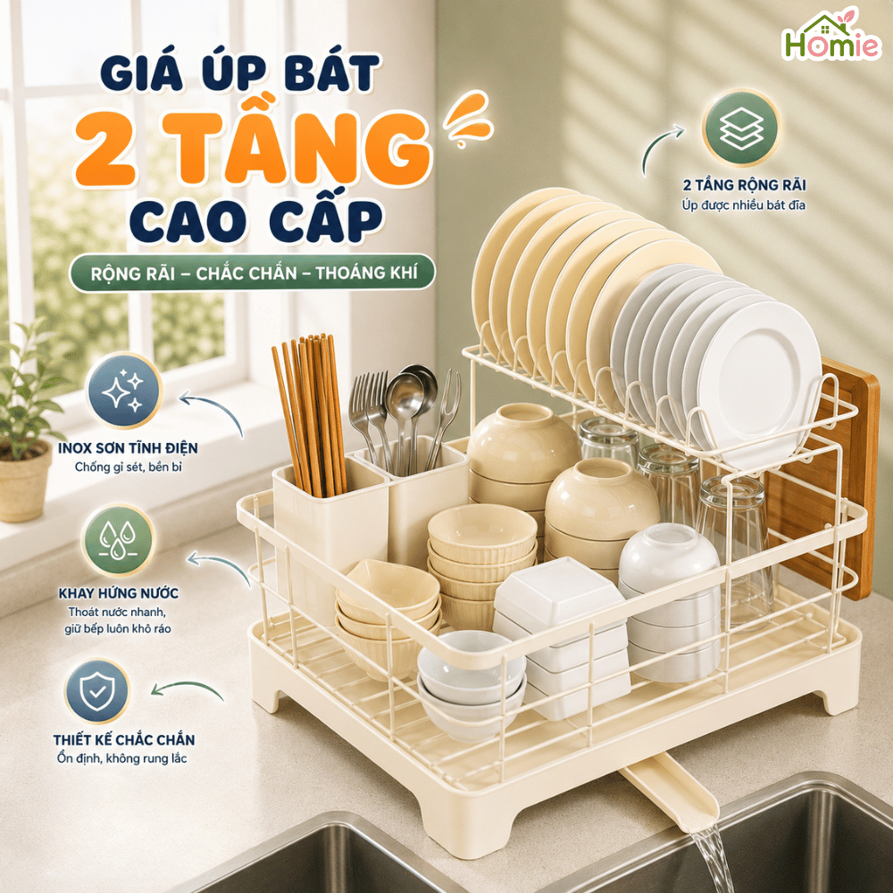 Kệ Úp Chén Bát Khung Thép Carbon Chống Gỉ HOMIE, Giá Để Bát Đĩa 2 Tầng Đa Năng Có Khay Thoát Nước