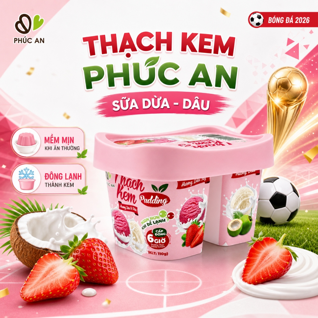 Thạch Kem Phúc An Vị Sữa Dừa & Dâu 2 Ngăn – Ăn Mềm Như Pudding, Cấp Đông Thành Kem Xốp Mát Lạnh