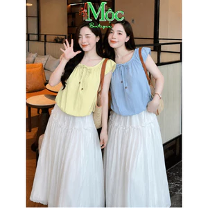 Set váy dài, Set thiết kế nữ váy dài Tơ Ánh Kim mix áo kiểu Đũi Hàn bồng dây cổ rút mặc 2 kiểu