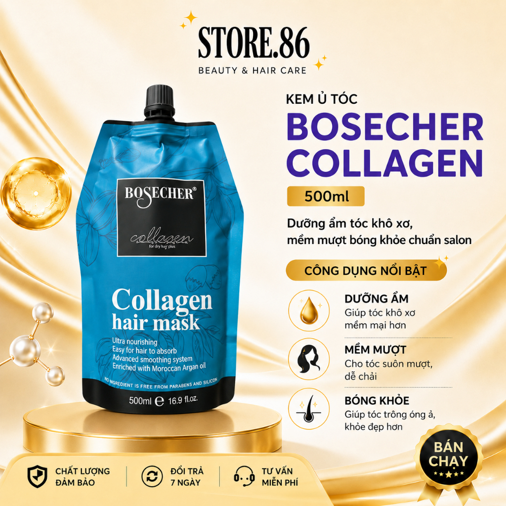Dầu Ủ Tóc COLLAGEN BOSECHER 500ml | Dưỡng Ẩm Tóc Khô Xơ, Mềm Mượt Bóng Khỏe Chuẩn Salon