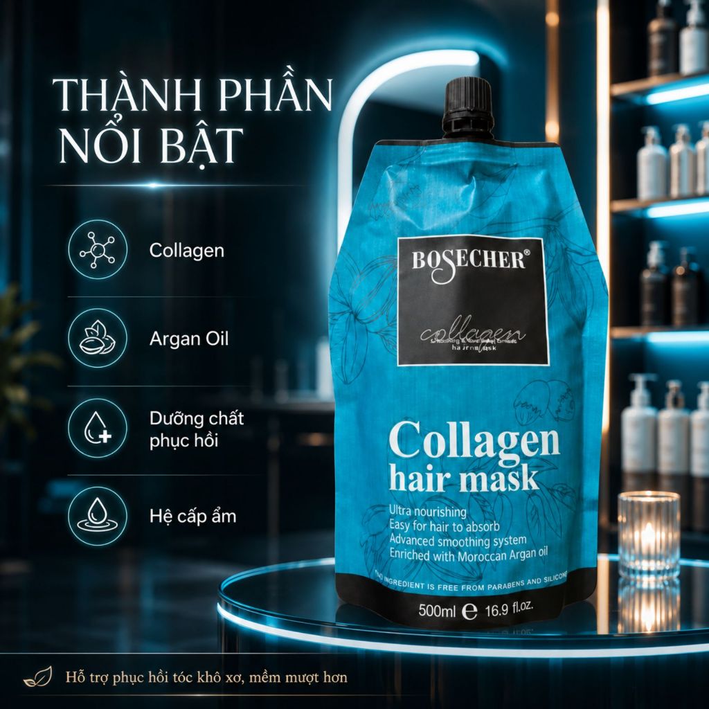 Dầu Ủ Tóc COLLAGEN BOSECHER 500ml | Dưỡng Ẩm Tóc Khô Xơ, Mềm Mượt Bóng Khỏe Chuẩn Salon