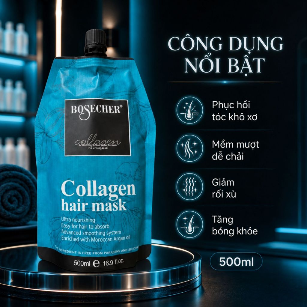 Dầu Ủ Tóc COLLAGEN BOSECHER 500ml | Dưỡng Ẩm Tóc Khô Xơ, Mềm Mượt Bóng Khỏe Chuẩn Salon