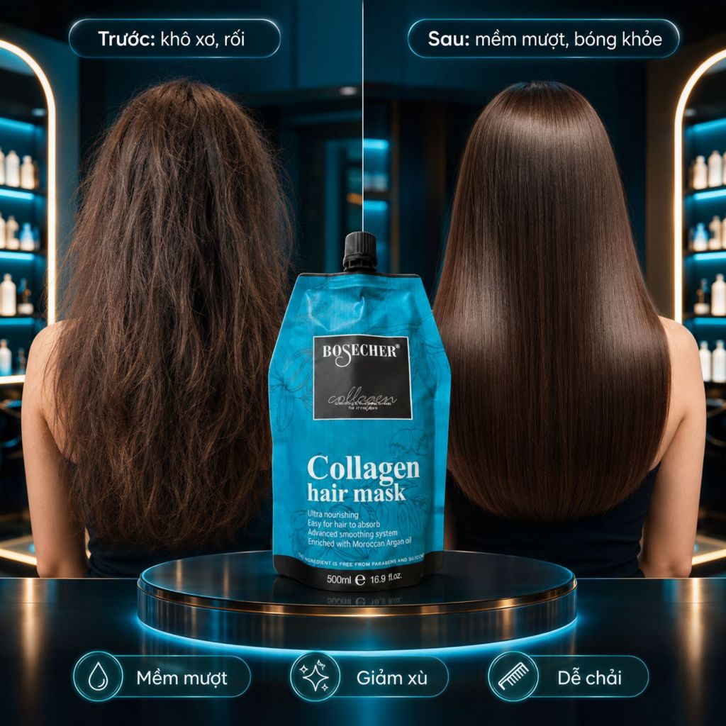 Dầu Ủ Tóc COLLAGEN BOSECHER 500ml | Dưỡng Ẩm Tóc Khô Xơ, Mềm Mượt Bóng Khỏe Chuẩn Salon
