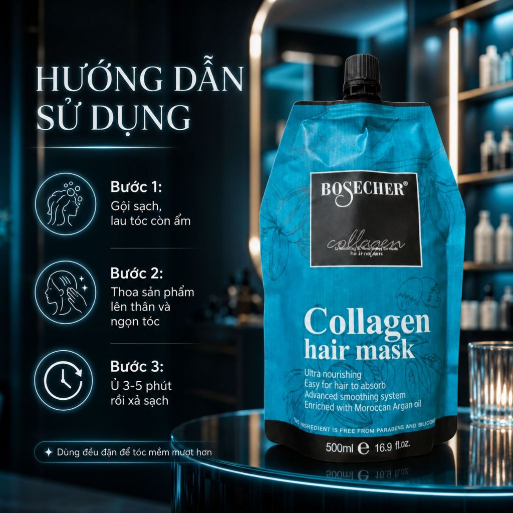 Dầu Ủ Tóc COLLAGEN BOSECHER 500ml | Dưỡng Ẩm Tóc Khô Xơ, Mềm Mượt Bóng Khỏe Chuẩn Salon