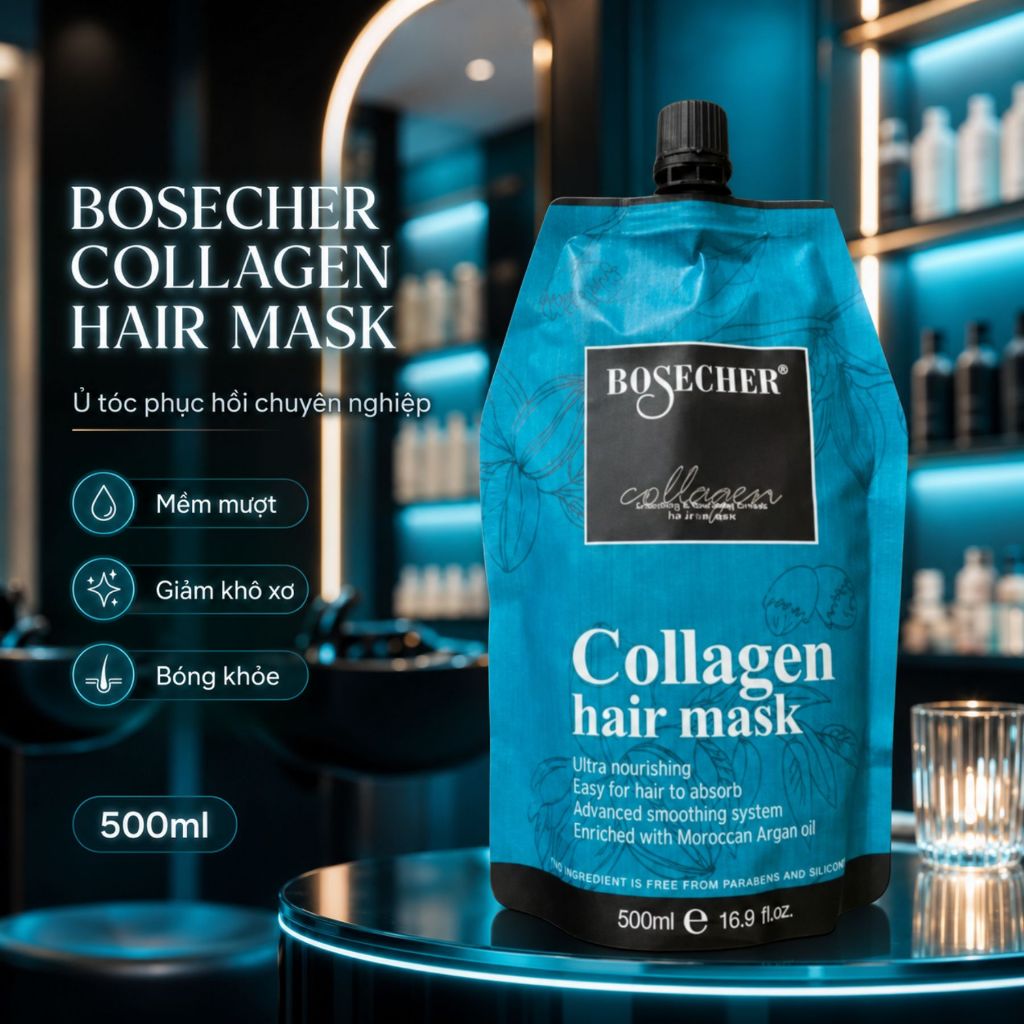 Dầu Ủ Tóc COLLAGEN BOSECHER 500ml | Dưỡng Ẩm Tóc Khô Xơ, Mềm Mượt Bóng Khỏe Chuẩn Salon