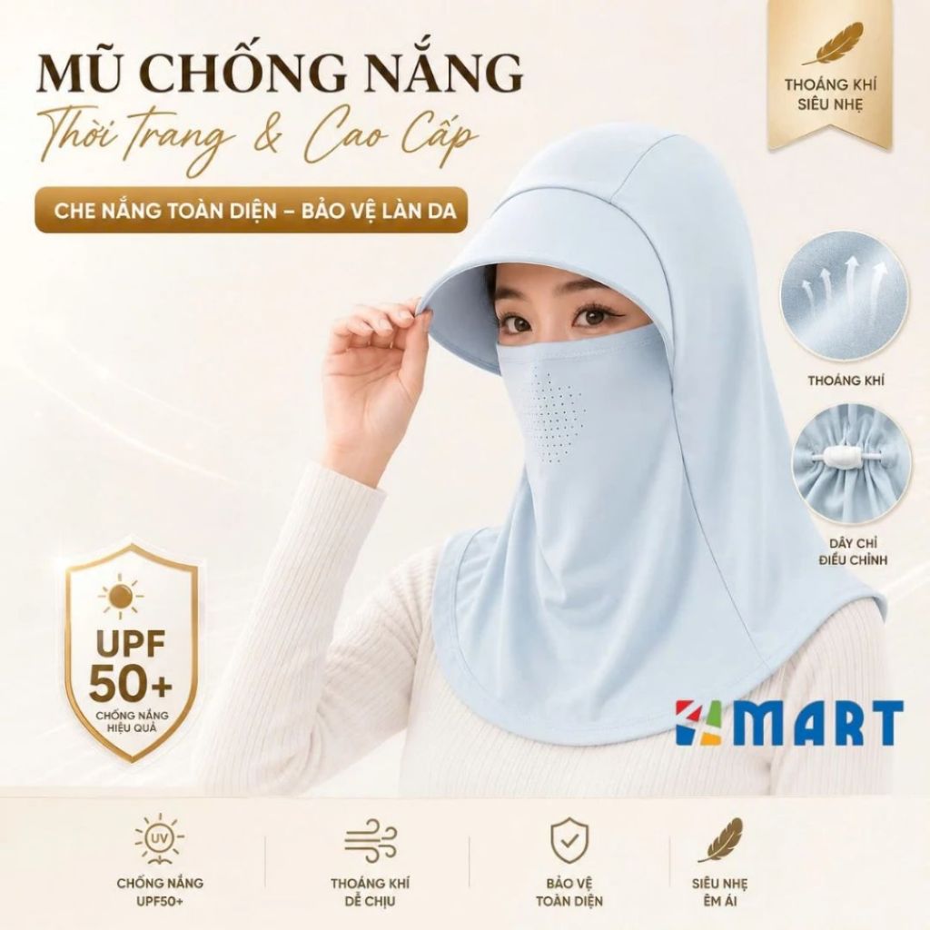 Mũ chống nắng trùm đầu tích hợp mặt nạ khẩu trang lụa băng lạnh che cổ thoáng khí chống tia UV phù hợp cả Nam Nữ