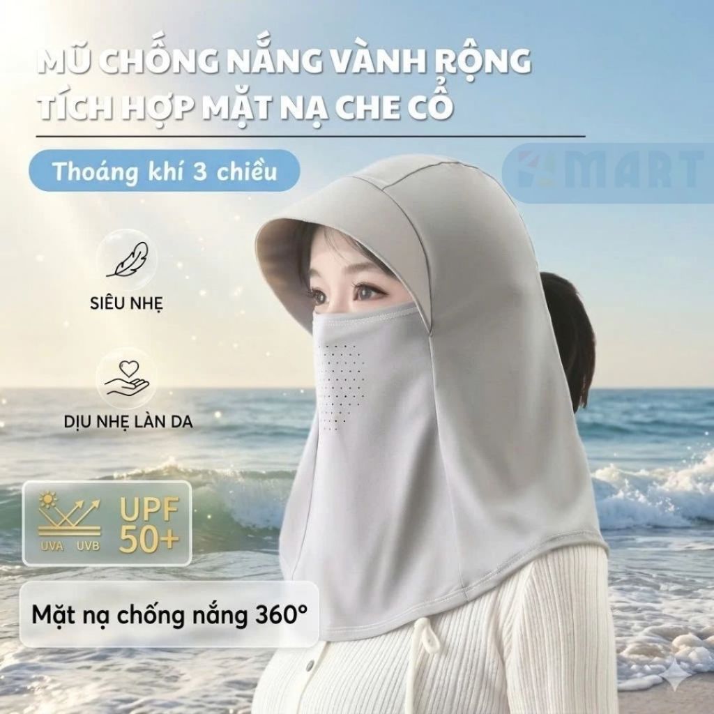Mũ chống nắng trùm đầu tích hợp mặt nạ khẩu trang lụa băng lạnh che cổ thoáng khí chống tia UV phù hợp cả Nam Nữ
