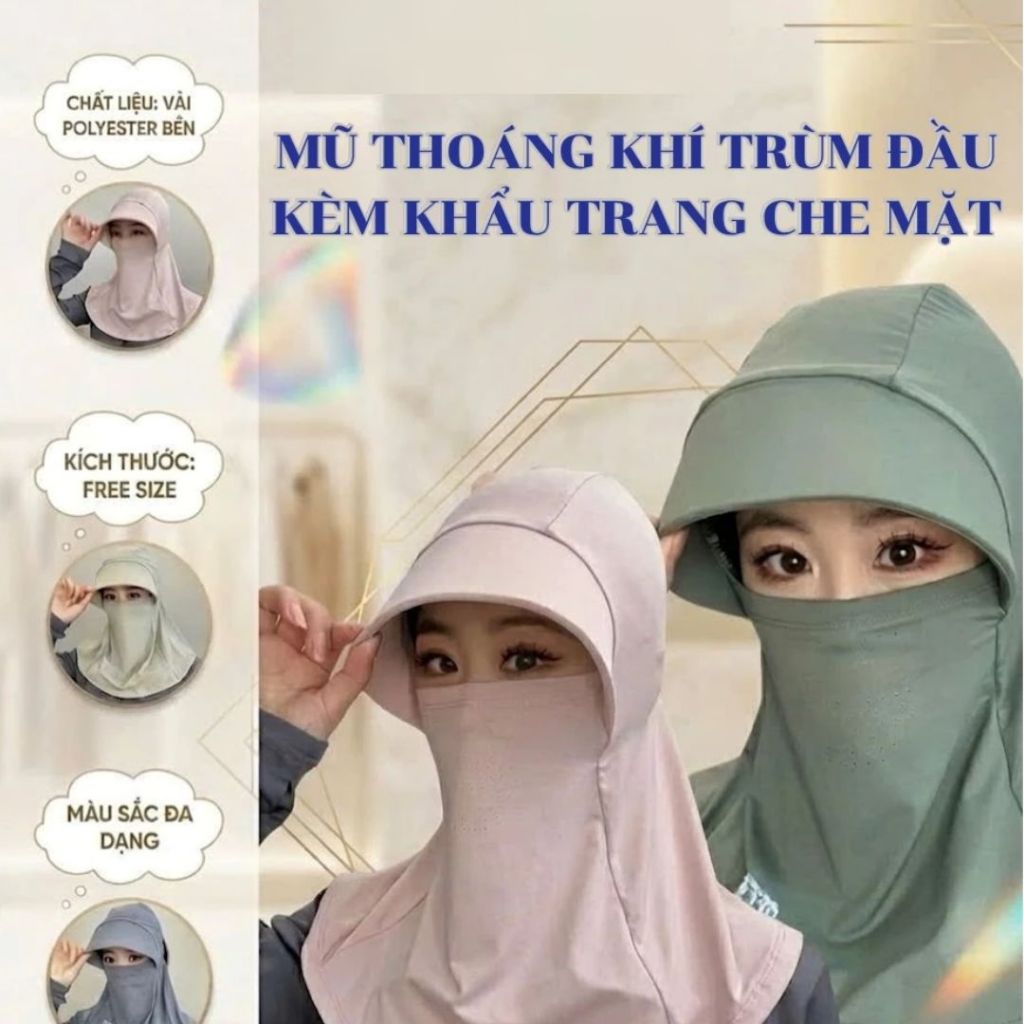 Mũ chống nắng trùm đầu tích hợp mặt nạ khẩu trang lụa băng lạnh che cổ thoáng khí chống tia UV phù hợp cả Nam Nữ