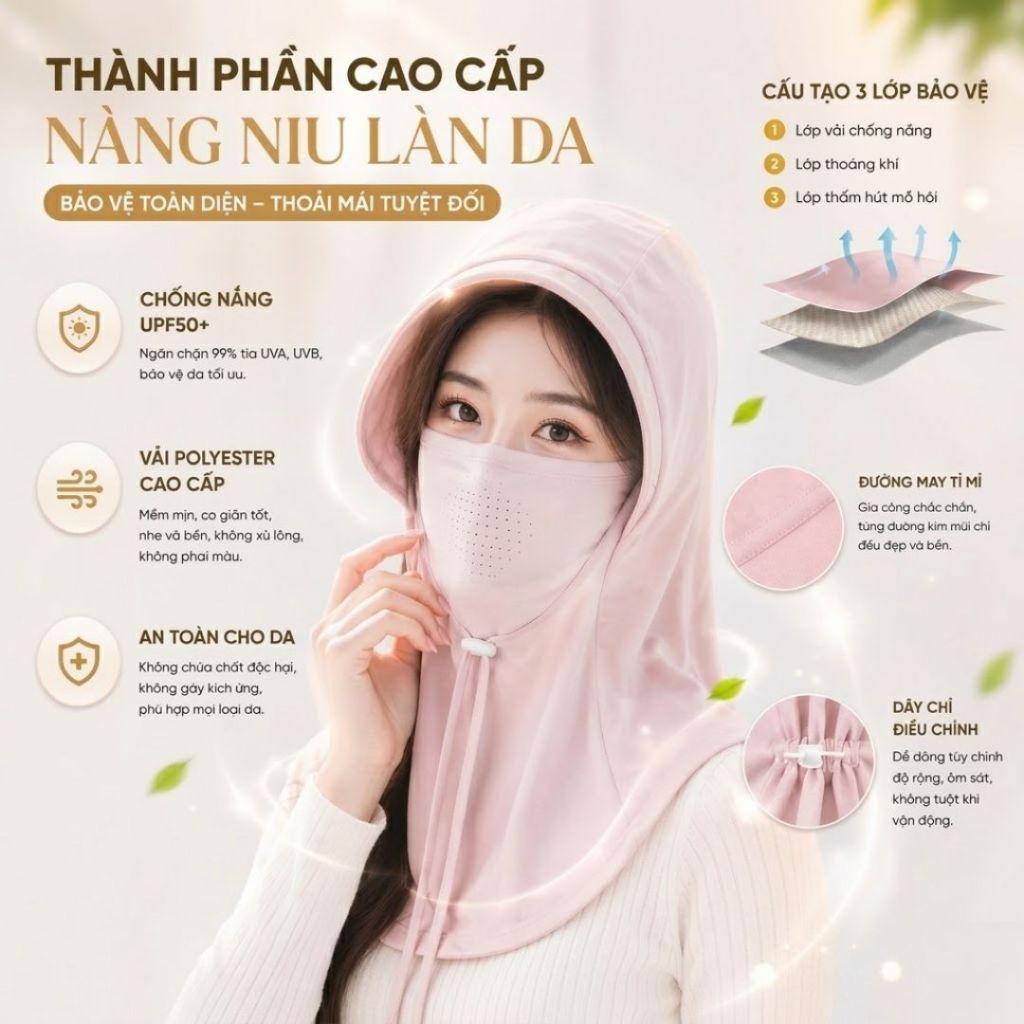 Mũ chống nắng trùm đầu tích hợp mặt nạ khẩu trang lụa băng lạnh che cổ thoáng khí chống tia UV phù hợp cả Nam Nữ