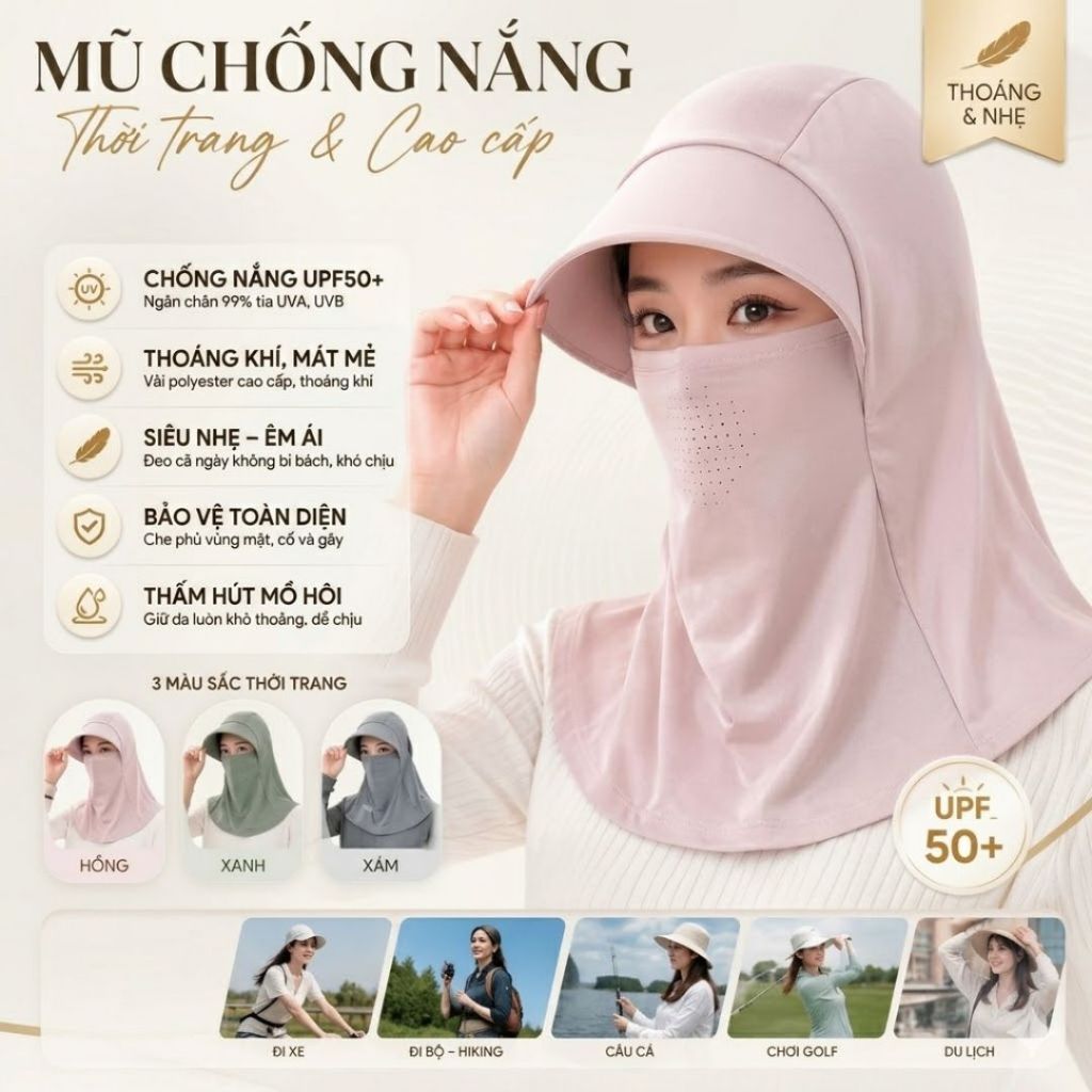 Mũ chống nắng trùm đầu tích hợp mặt nạ khẩu trang lụa băng lạnh che cổ thoáng khí chống tia UV phù hợp cả Nam Nữ