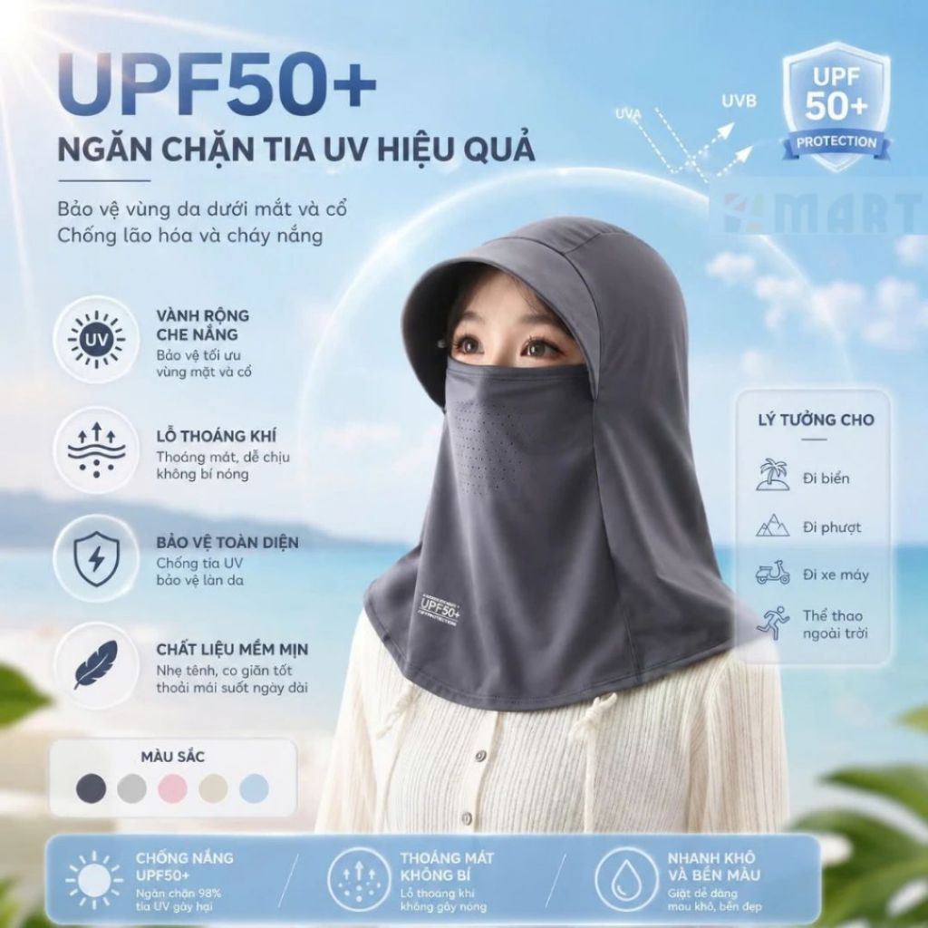 Mũ chống nắng trùm đầu tích hợp mặt nạ khẩu trang lụa băng lạnh che cổ thoáng khí chống tia UV phù hợp cả Nam Nữ