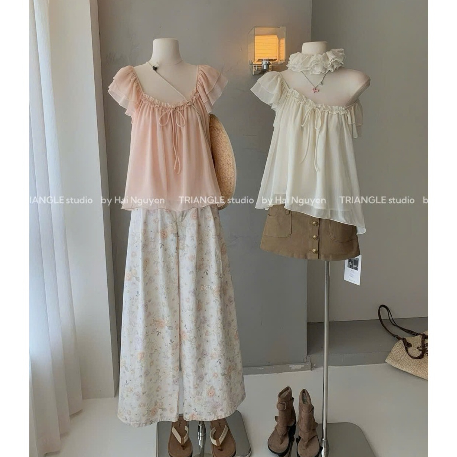 TRIANGLE - Pinky Top (Cân nhắc kỹ, return is not welcomed) Áo tơ tay hến style nữ tính, thanh lịch xuân hè