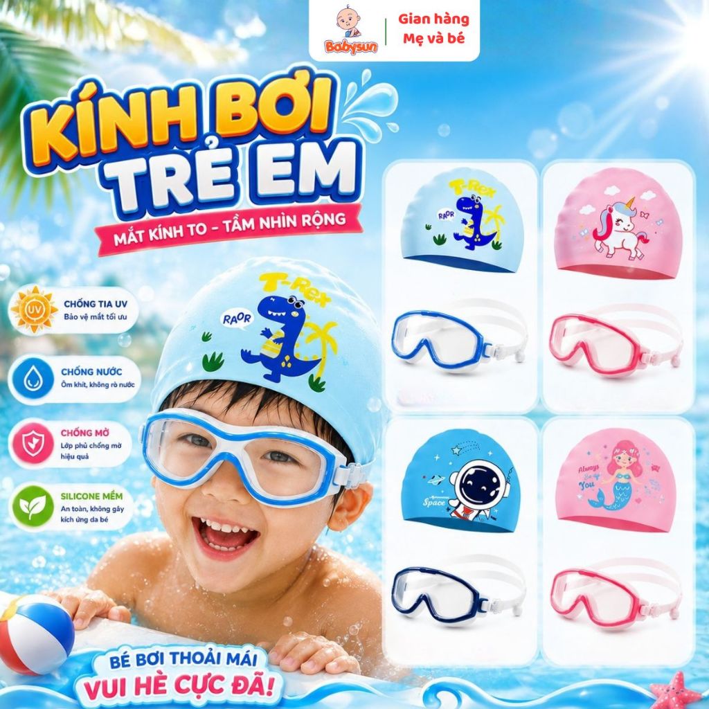 Kính bơi trẻ em có nút bịt tai chống tia UV BABYSUN, chống sương mù - Kính bơi cho bé đi biển , tập bơi