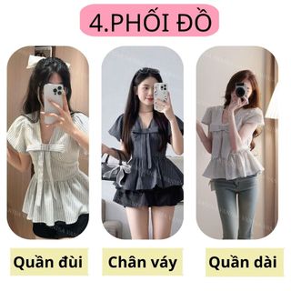 Áo Nữ Tay Ngắn Cổ Tim Chiết Eo Tôn Dáng xamh nhạt xanh đậm trắng Phong Cách Hàn Quốc VANISA SMS101