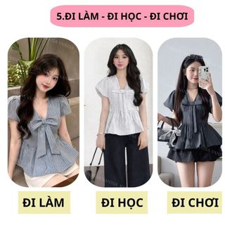 Áo Nữ Tay Ngắn Cổ Tim Chiết Eo Tôn Dáng xamh nhạt xanh đậm trắng Phong Cách Hàn Quốc VANISA SMS101