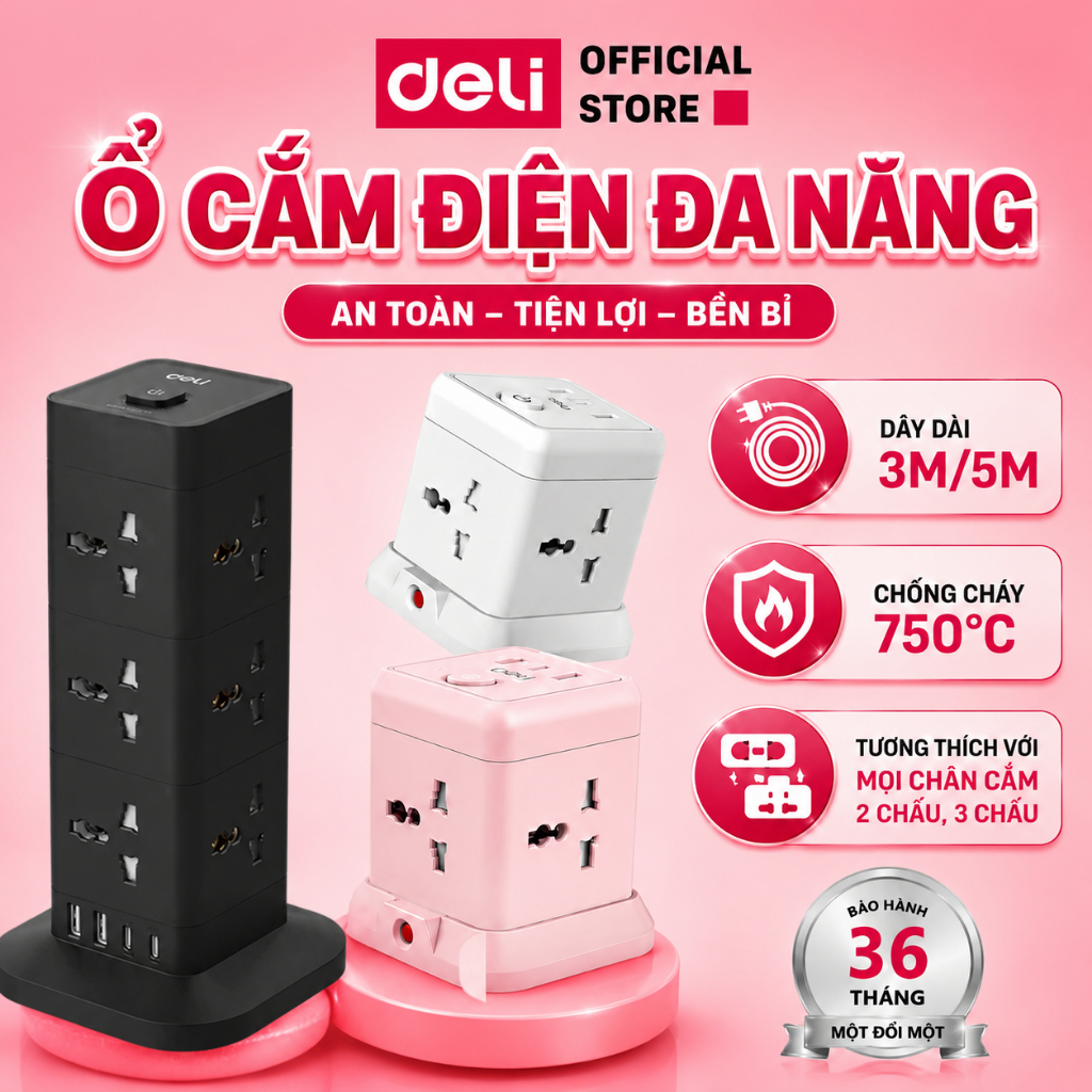 Ổ Cắm Điện Trụ DELI Sạc Nhanh USB TypeC 20W, Ổ Điện Đa Năng Thông Minh Để Bàn Cầu Chì Tự Ngắt Ổ Vuông Nhiều Lỗ Cắm 2500W