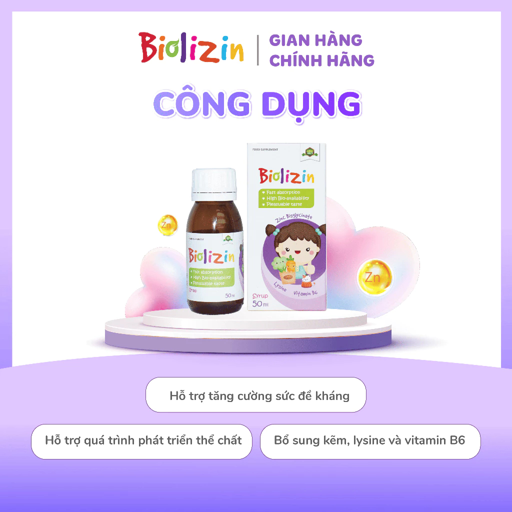 Kẽm Biolizin Cho Bé 50ml - Hỗ Trợ Bé Tăng Đề Kháng, Ăn Ngon, Bổ Sung Kẽm Lysine B6, Vị Đào Dễ Uống