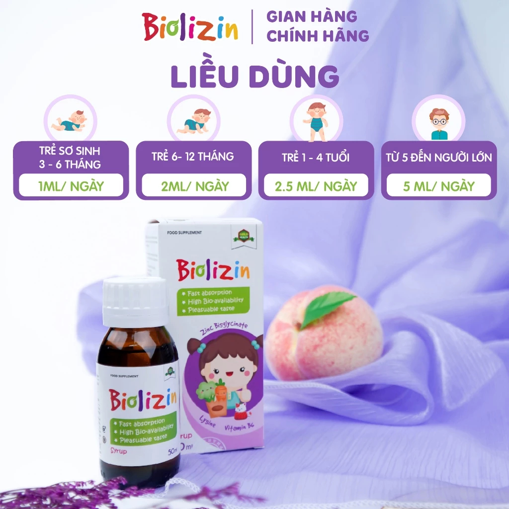 Kẽm Biolizin Cho Bé 50ml - Hỗ Trợ Bé Tăng Đề Kháng, Ăn Ngon, Bổ Sung Kẽm Lysine B6, Vị Đào Dễ Uống