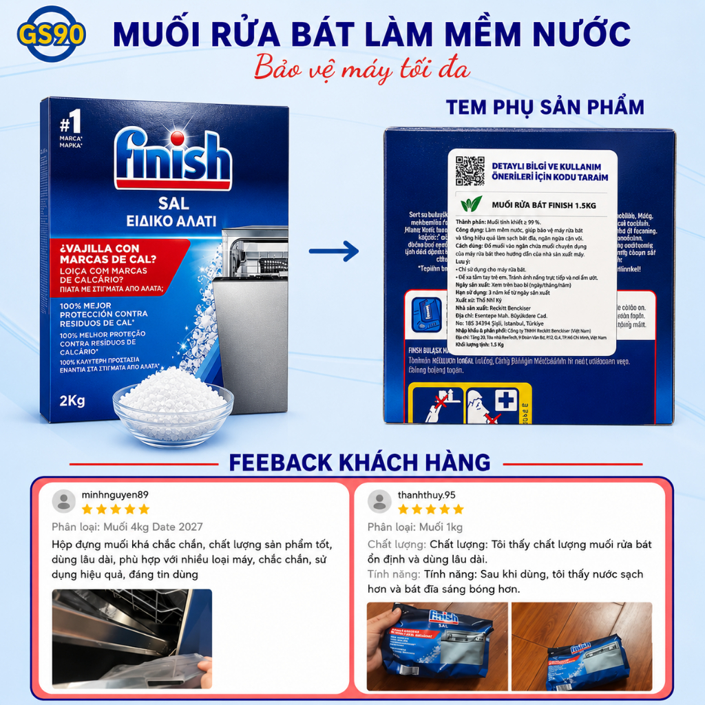 [TẶNG BÌNH GIỮ NHIỆT] Muối Rửa Chén Bát Làm Mềm Nước 1.5kg, 2kg Finish Salt Hàng Chính Hãng Nhập Khẩu Đức