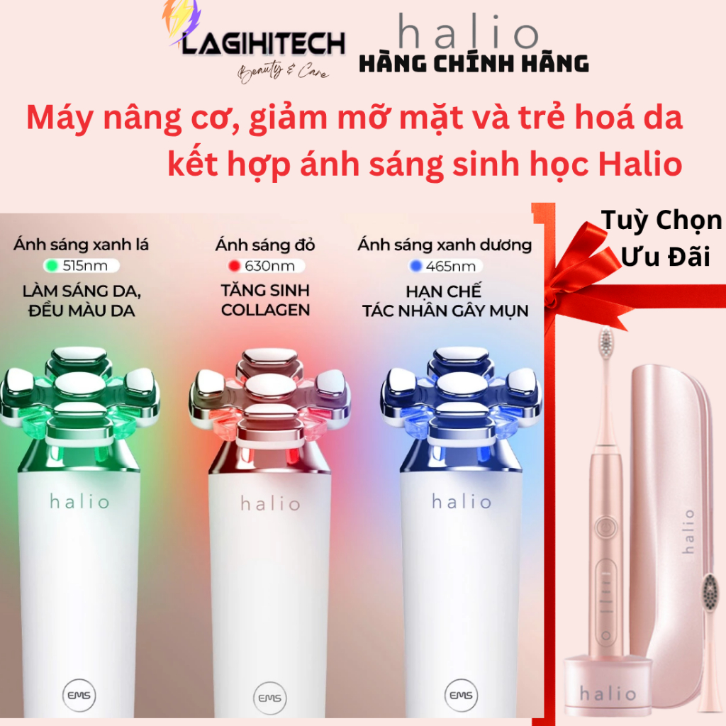 Máy Nâng Cơ, Giảm Mỡ Mặt & Trẻ Hoá Da kết hợp Ánh Sáng Sinh Học Halio RevitaWave Skin Rejuvenator- Chính Hãng - BH 2 năm