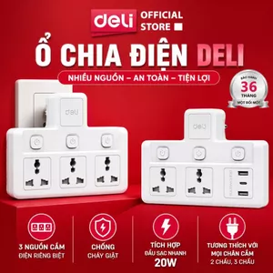 Ổ Cắm Chia Điện Deli, Ổ Cắm Điện Chữ T Công Suất 2500W Ổ Điện Nhiều Nguồn Tích Hợp Cổng USB &TypeC Sạc Nhanh 20W