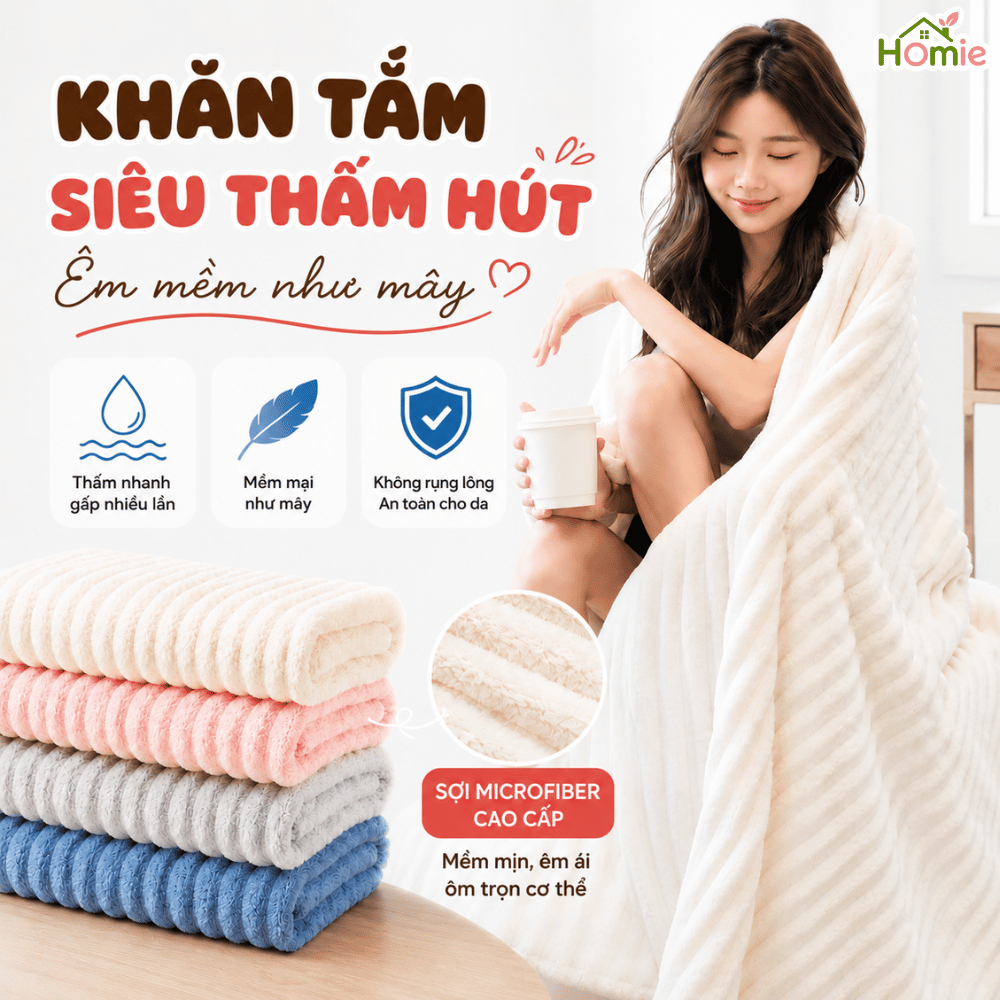 Khăn Tắm Siêu Thấm Hút Sợi Microfiber Cao Cấp HOMIE, Khăn Lau Người Mềm Mịn Dày Dặn Không Rụng Lông