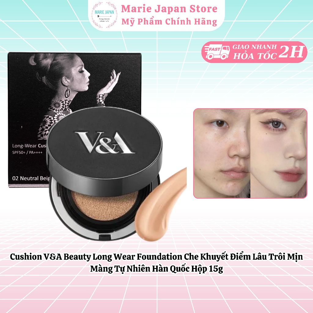 Cushion V&A Beauty Long Wear Che Khuyết Điểm Lâu Trôi Mịn Màng Tự Nhiên Hàn Quốc Hộp 15g-Marie Japan