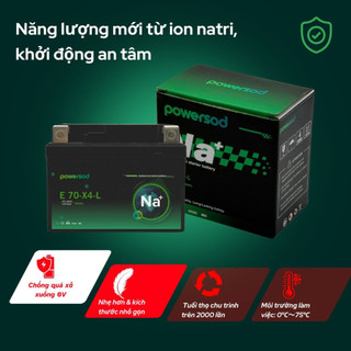 Bình Ắc quy ion natri xe máy Powersod E70X4L Miễn bảo dưỡng dùng cho Air blade, Wave, Future, Vision, Click, Sirius Fi