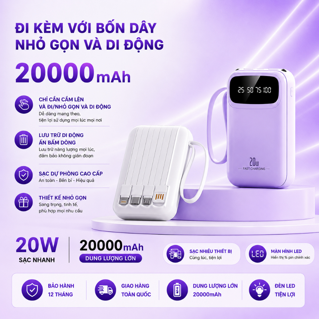 Pin Dự Phòng X279 20000mAh Sạc Nhanh – Mini Nhỏ Gọn, Dung Lượng