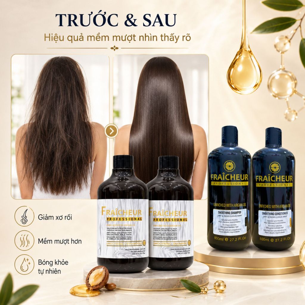 Dầu Gội Xả FRAICHEUR Smoothing 500ml - 800ml | Dưỡng Ẩm Tóc Khô Xơ, Mềm Mượt Bóng Khỏe Chuẩn Salon