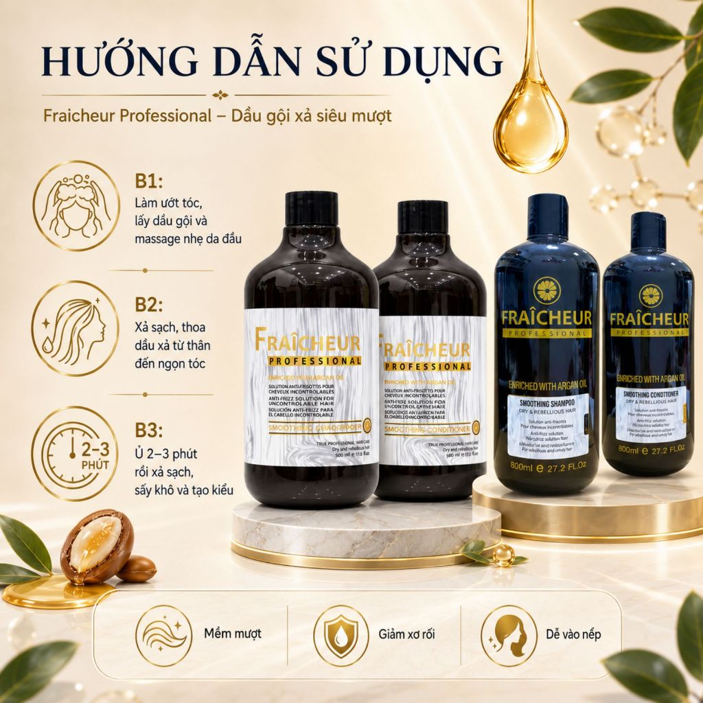 Dầu Gội Xả FRAICHEUR Smoothing 500ml - 800ml | Dưỡng Ẩm Tóc Khô Xơ, Mềm Mượt Bóng Khỏe Chuẩn Salon