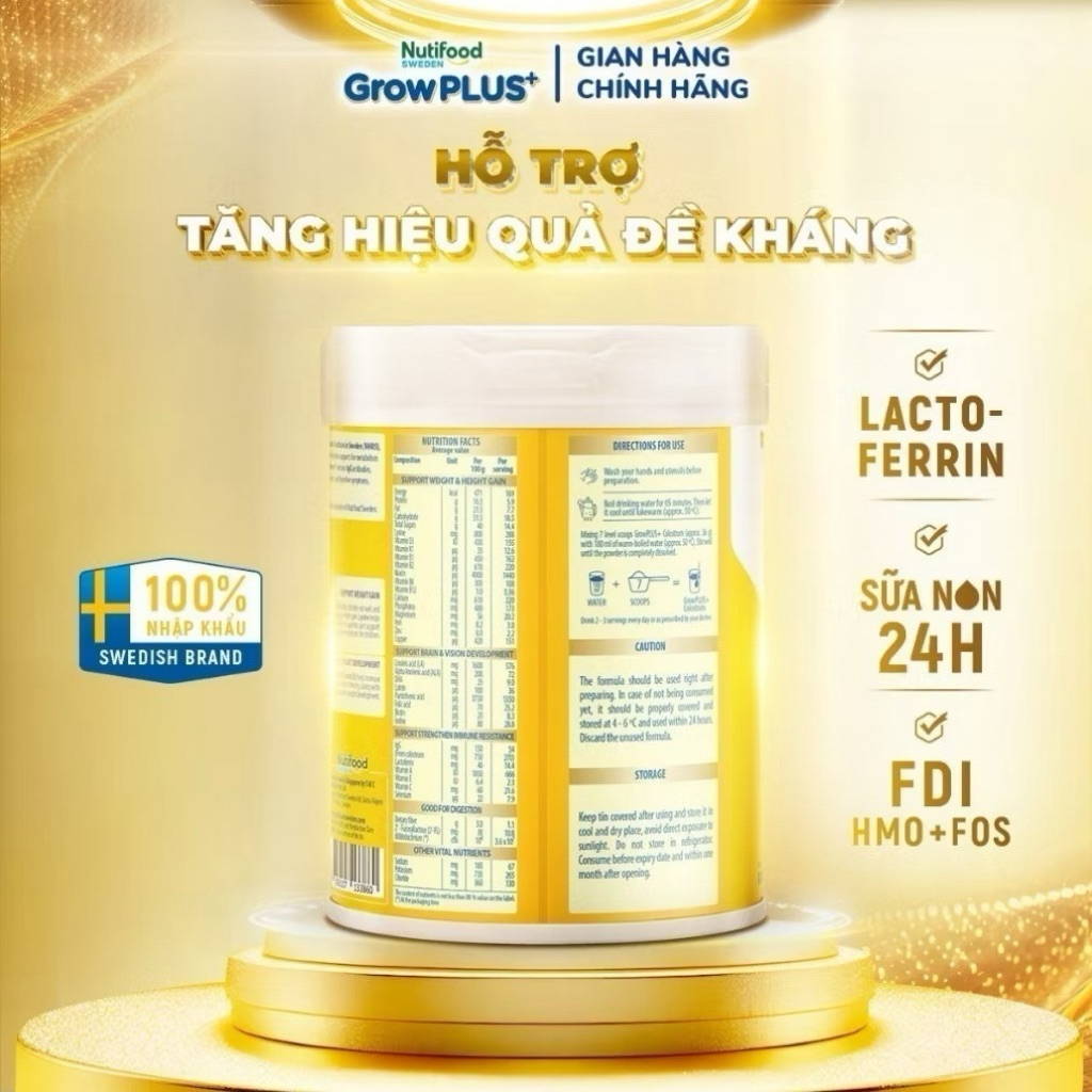 Sữa Bột Nutifood Sweden GrowPLUS+ Colostrum Lactoferrin 2+ Lon - 800g