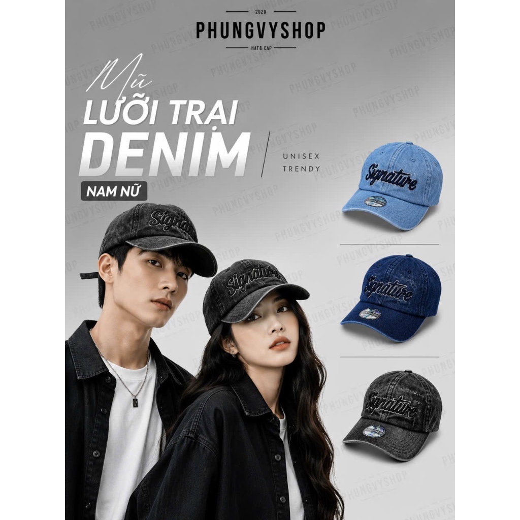 Mũ nón lưỡi trai denim unisex nam nữ PHUNGVYSHOP- / Kết Lớn JEAN SIGNATURE /