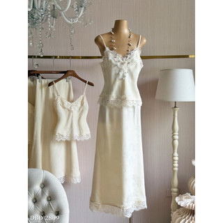 (SẴN S) Set Lụa Ren Áo 2 Dây Mix Chân Váy Maxi Chuẩn Linh Hoàng