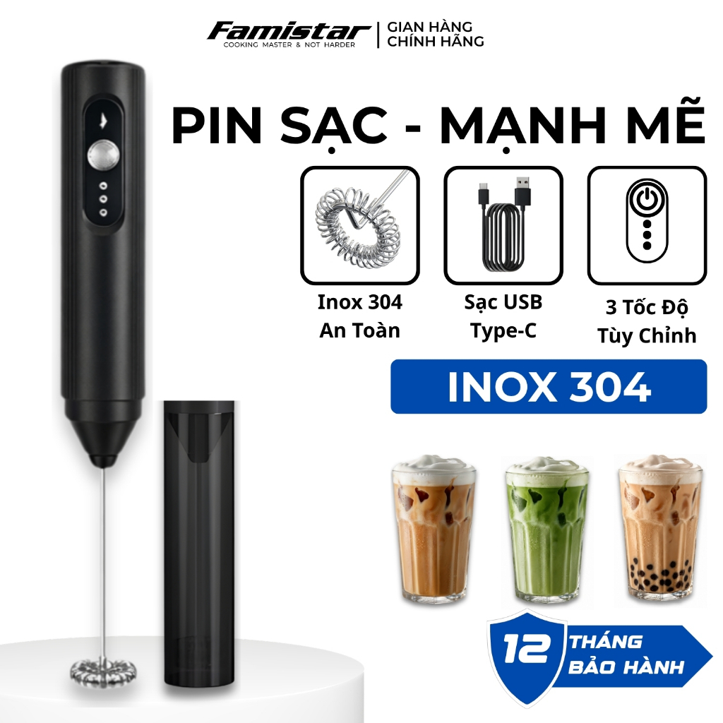 Máy Đánh Bọt Cà Phê 10W Pin Sạc Cầm Tay Nhỏ Gọn Famistar, Cây Đánh Bọt Cà Phê Bảo Hành 1 Năm MDB01
