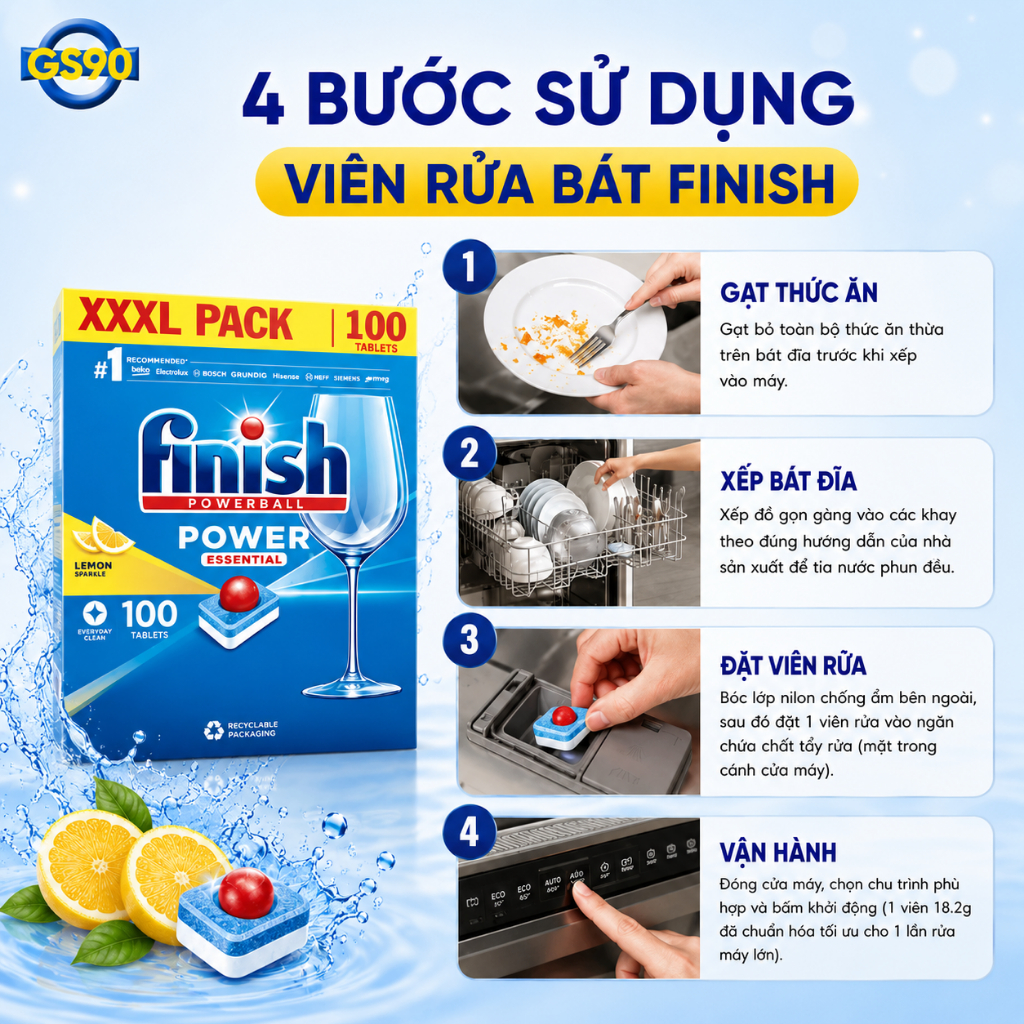 [TẶNG BÌNH GIỮ NHIỆT] Viên Rửa Bát Sạch Bóng Finish Dành Cho Máy Rửa Chén Bát Nhập Khẩu chính hãng Đức