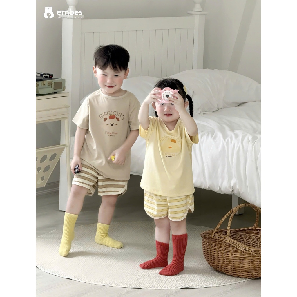 Bộ Cộc Cho Bé Embes, Combo 2 Bộ Cộc Tay In Họa Tiết Chất Cotton Mềm Mại Cho Bé Trai Bé Gái Từ 8-18kg
