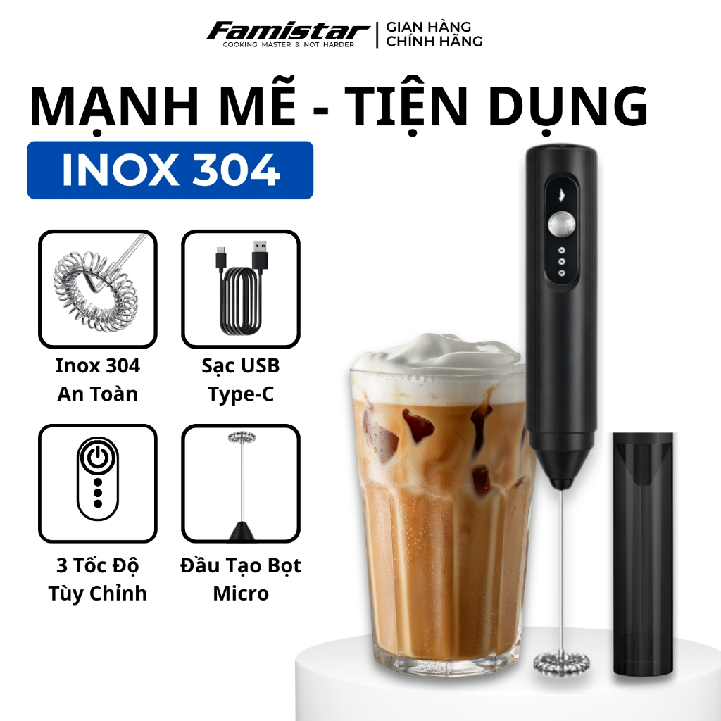 Máy Đánh Bọt Cà Phê 10W Pin Sạc Cầm Tay Nhỏ Gọn Famistar, Cây Đánh Bọt Cà Phê Bảo Hành 1 Năm MDB01
